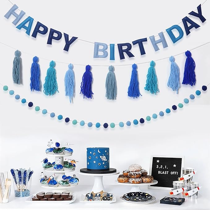 Pre-Strung Happy Birthday Banner Felt Ball Garland Banner Sign for Blue Birthday Party Decorations Blue Dog Party Decor