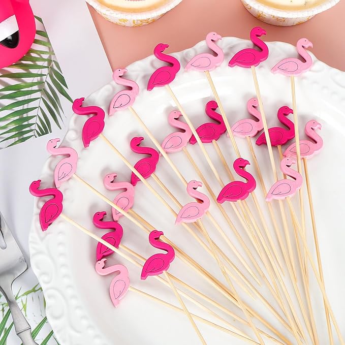100 Pcs Flamingo Toothpicks, 4.72 Inch Flamingo Toothpicks for Appetizers, Long Bamboo Toothpicks, Decorative Toothpicks Skewers for Luau Hawaii Beach Holiday Party Decorations (Flamingo)