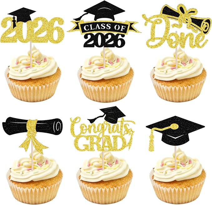 2026 Graduation Cupcake Toppers, 36 pack Gold Glitter Class of 2026 Congrats Grad Diploma Graduation Cap Cupcake Picks for 2026 Graduation Party decorating Supplies
