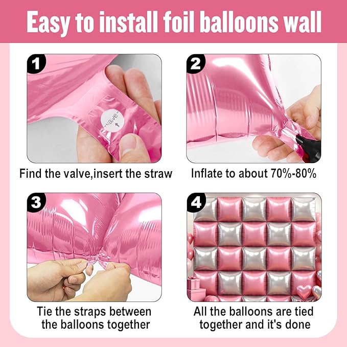 36Pcs Pink and Silver Square Foil Balloons Wall Backdrop, Double Sided Metallic Foil Balloons Tunnel Arch Garland Kit for Photo Booth Birthday Wedding Halloween Christmas Party Decorations