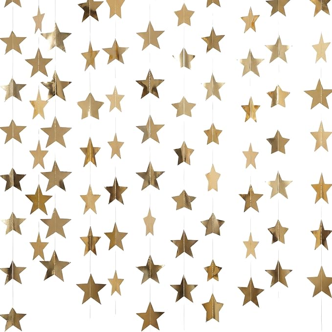 Spakon 65 Feet Glitter Star Paper Garland Banner Hanging Decoration Star Streamers Double Side 2026 Graduation Decorations for Wedding Birthday Festival New Year Party Decoration(Champagne Gold)