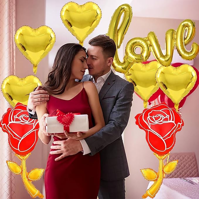 Gold Heart Balloons Gold Love Balloons Gold Rose Balloons Valentine Balloons Valentine Party Balloons for Valentine Day Decoration Anniversary Party Decorations Theme Supplies Balloon Sets-8 PCS