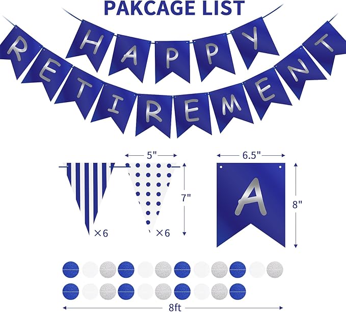 Happy Retirement Banner Assembled GAGAKU Blue and Silver Retirement Party Decorations Supplies Kit Blue White Paper Pennant Banner for Men Women Office Farewell Party