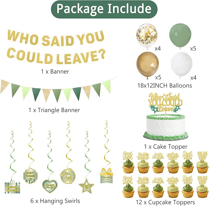 Roetyce Farewell Party Decorations, Green Gold Who Said You Could Leave Banner Cake Toppers Balloons Hanging Swirls, Going Away Retirement Leaving Party Decorations, Coworker Goodbye Party Supplies