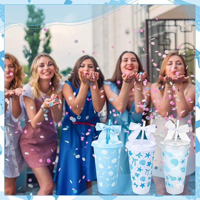 12 Pcs Bow Cups with Lids and Straws and Straw Caps 24 oz Reusable Drinking Cups Bulk for Birthday Wedding Baby Shower Bridal Shower Party Favors