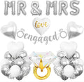 Silver Engagement Party Decorations, MR and MRS Balloons Decor, Metallic Silver Confetti Balloons, Love Heart and Diamond Ring Foil Balloon with Engaged Banner for Wedding Engagement Party Decoration