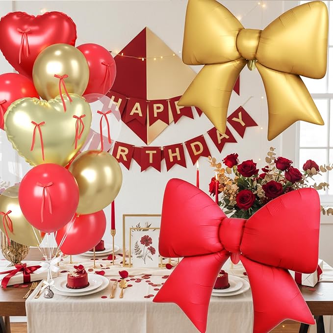 16Pcs Red and Gold Heart Balloons, 38 Inch Bow Balloons, Red Champagne Gold Clear Balloon with Bow Ribbons for Anniversary Birthday Wedding Bridal Baby Shower Valentines Day Decorations