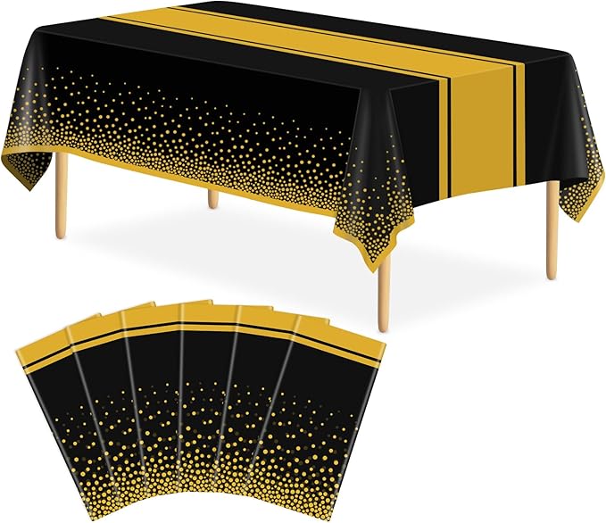 6 Pack Black and Gold Tablecloth Party Decorations Plastic Black Tablecloth Printed Gold Table Runner 54 x108 Inch Disposable Rectangle Table Cover for Birthday Wedding Graduation