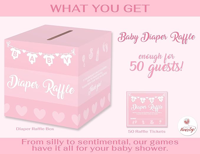 Party Hearty Baby Shower Games for Girls, 50 Pink Diaper Raffle Tickets, Diaper Raffle Ticket Cards Box, Baby Shower Decorations, Raffle Prizes, Ideas