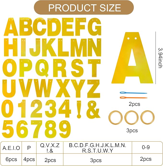 BEISHIDA 116 PCS A-Z DIY Letter Banner Kit Make Your Own Banner Double-Sided Gold Including 111 Letters and Numbers 3 Rope and 9 Threading Device,Customized for Birthday Graduation Wedding Decor