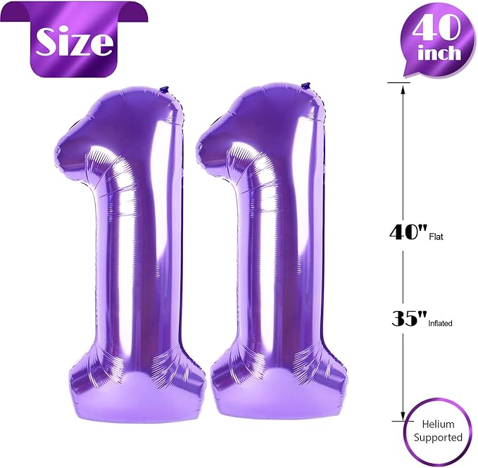Purple Number 11 Balloon 40 inch, 11 Number Balloons, 11th Purple Birthday Decorations, 11 Year Old Girls Boys Party Supplies