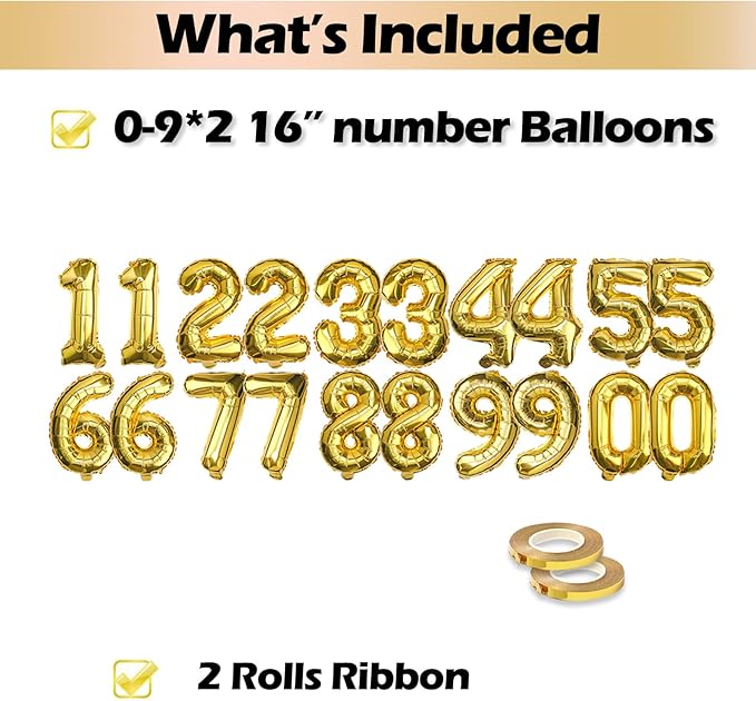 [20 Pcs] 16" Gold Foil Number Balloons (2 sets of 0-9) - Mylar Aluminum Hanging Decorations for Graduation, Birthday, Christmas & New Year's Eve Parties