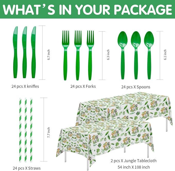 Safari Birthday Decorations Tableware - Jungle Theme Party Supplies Include Plates, Cups, Napkin, Cutlery, Tablecloth, Straws, Animal Safari Jungle Birthday Baby Shower Decorations | Serve 24