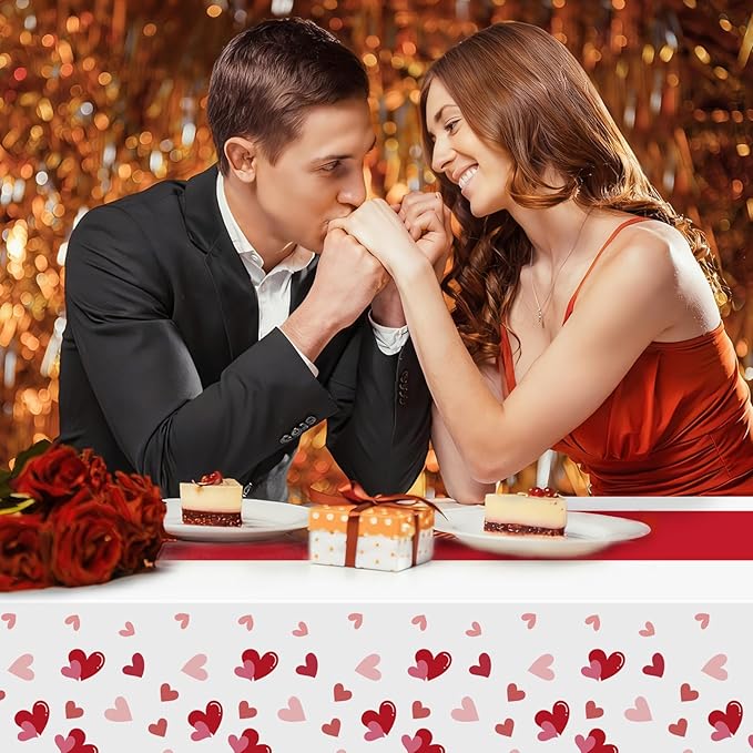Hxezoc 54 x 108 Inch Valentines Day Tablecloth, Disposable Heart Plastic Table Cover for Girls Kids Valentines Birthday Baby Shower Party Decorations Outdoor Indoor Party Supplies