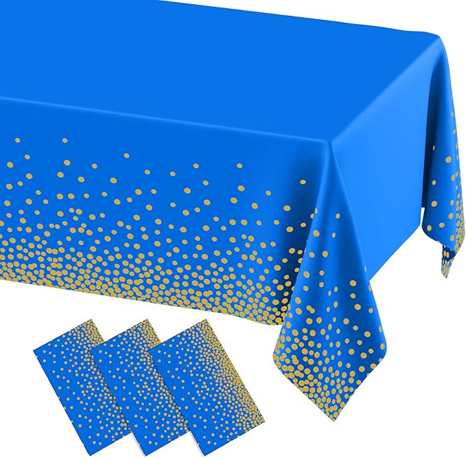misaya 3 Packs Dot Disposable Table Cloth, 54 x 108 Inch Waterproof Plastic Tablecloth, Rectangle Gold Dots in Blue Table Covers for Easter, Picnic, Birthday, Party