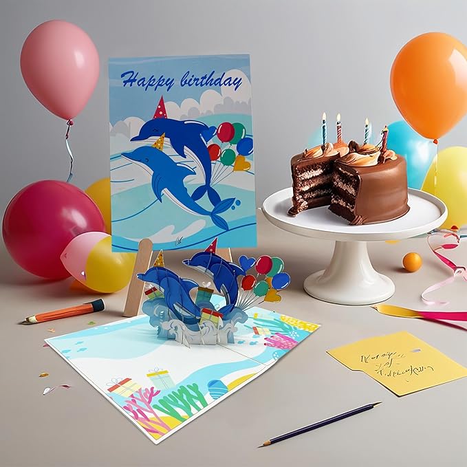 3D Dolphins Birthday Pop-Up Card – Ocean Sea Life Themed Handmade Greeting Card for Birthdays, Anniversaries & Special Occasions, Birthday Pop Up Card for Women, Men & Kids – With Envelope