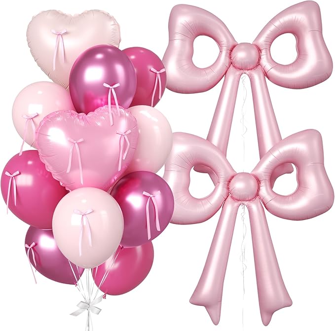 Pink Heart and Bow Balloons, 38 Inch Bow Balloons, Hot Pink Metallic Balloon Helium with Bow Ribbons for Anniversary Engagement Birthday Wedding Bridal Baby Shower Valentines Day Decorations