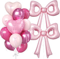 Pink Heart and Bow Balloons, 38 Inch Bow Balloons, Hot Pink Metallic Balloon Helium with Bow Ribbons for Anniversary Engagement Birthday Wedding Bridal Baby Shower Valentines Day Decorations