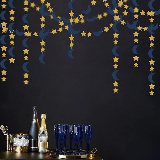 Navy-Blue Gold Moon-Star Party-Decorations Garland - 52Ft Twinkle Little Star Hanging Decoration Streamers Banner, Eid Ramadan Mubarak Decoration Birthday Wedding Baby Shower Party Decor Panduola