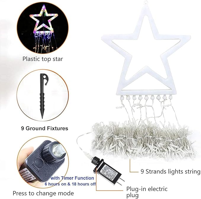 Christmas Decoration Lights, Outdoor Christmas String Lights 320 LED 11.5 Ft Waterfall Tree Light with Big Star Topper 8 Light Modes for Xmas New Year Holiday Garden Yard Indoor Outdoor Decor