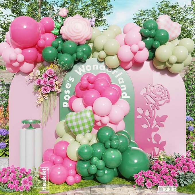 Pink and Green Balloon Garland Arch Kit, 149pcs Pastel Pink Green Latex Balloons with Rose Flower Foil Balloon for Fairy Wonderland Spring Garden Girls Birthday Summer Safari Party Decorations