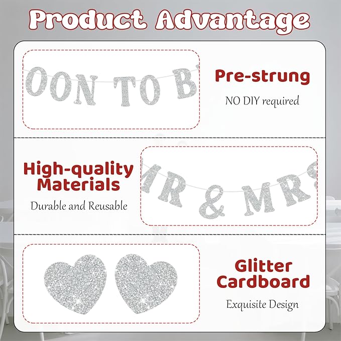 Soon To Be Mr & Mrs Banner for Bridal Shower Decorations, Pre-Strung Silvery Glitter Engagement Banner, Wedding Decorations for Home Party Mantle Hanging Sign Couples Shower Decorations