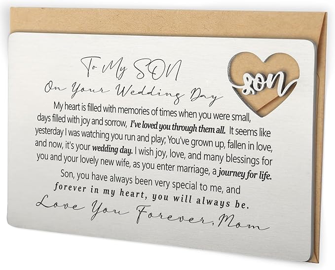 YODOCAMP To My Son on Your Wedding Day Wallet Insert, Stainless Steel Laser-Engraved Postcard with Heart Cutout from Mom, Sentimental Wedding Gift for Son, Pocket Keepsake with Loving Message QBK03