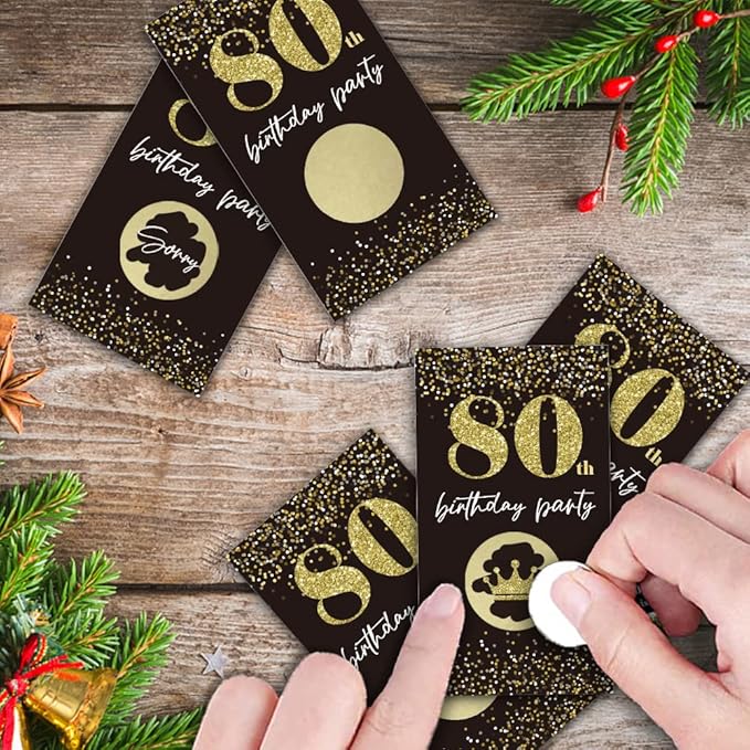 REWIDPARTY Black Gold 80th Birthday Party Scratch Off Game Cards (32 PCS) Cheers to 80 Years Prize Raffle Tickets Happy 80th Birthday Party Scratch Cards Supplies Activity for Family Friends Adults