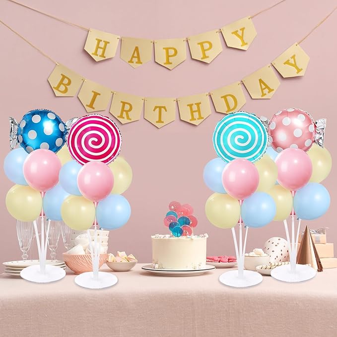 4 Sets Pastel Sweet Candy Theme Party Balloons Stand Kit with Lollipop Candies Foil Balloons Party Balloon Centerpiece for Tables for Candyland Birthday Party Candies Themed Decoration
