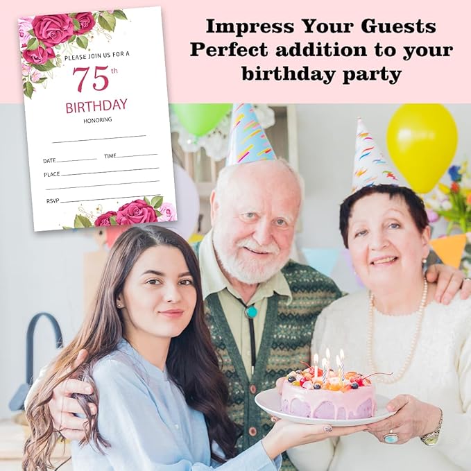 75th Rose Floral Birthday Invitation Cards for Women Men, 75 Years Old Birthday Invites for Adult, Party Supplies Favors, 20 Cards With 20 Envelopes -10