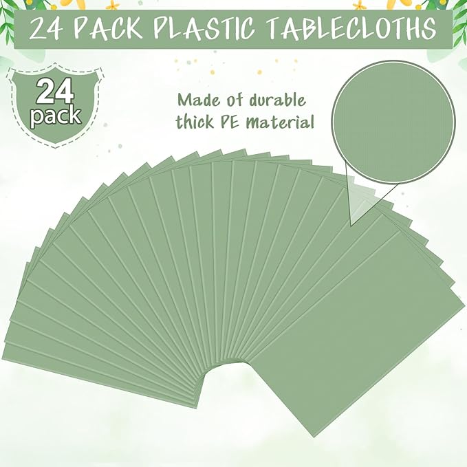 24 Pack Sage Green Tablecloths Light Green Plastic Disposable Tablecloth Sage Rectangle Tables Cover for Birthday Bridal Wedding Baby Shower Party Decorations, 54 X 108Inch