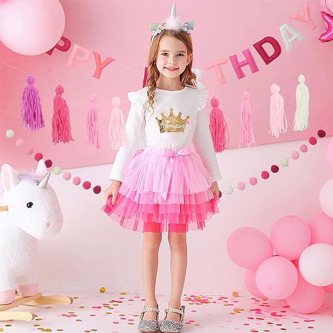 Pre-Strung Happy Birthday Banner Felt Ball Garland Banner Sign for Pink Birthday Party Decorations Mermaid Party Decor