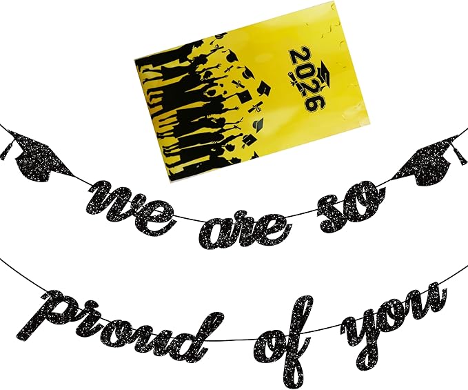 Graduation Decorations 2026 | Class of 2026 Graduation Banner, Black Glitter We are So Proud of You Grad Banner for Graduations Party Decorations Favors Supplies School Home Car Decorations