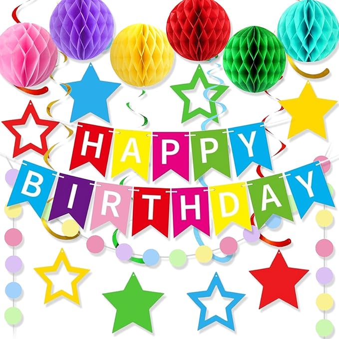 Colorful Rainbow Birthday Party Decorations Kit with Honeycomb Balls, Rainbow Stars Hanging Swirl Streamers, Circle Dots Garland, Happy Birthday Party Decorations for Women Men Boys Girls