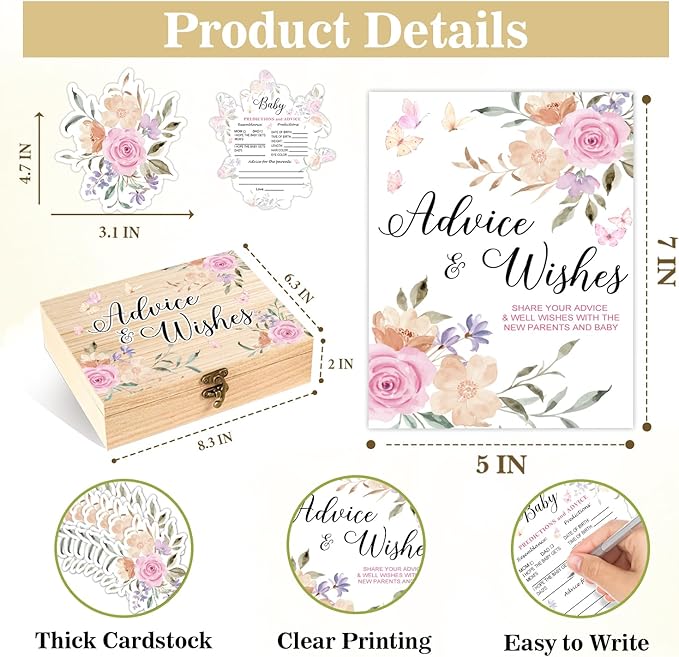 Rose Baby Shower Advice & Wishes Cards Set, Bloom Flowers Decoration for Babies,50 Pcs Double Sided Pink Rose Cards with Wooden Keepsake Box, Baby Shower Boy Girl Party Gift Boxes for New Parents