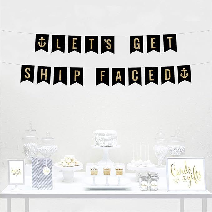Andaz Press Faux Gold Glitter on Black Funny Alcohol Party Banner Decorations, Let's Get Ship Faced, Anchor Graphic, Approx 5-Feet, 1-Set, Wedding Bridal Shower Bachelorette Hanging Pennant Decor