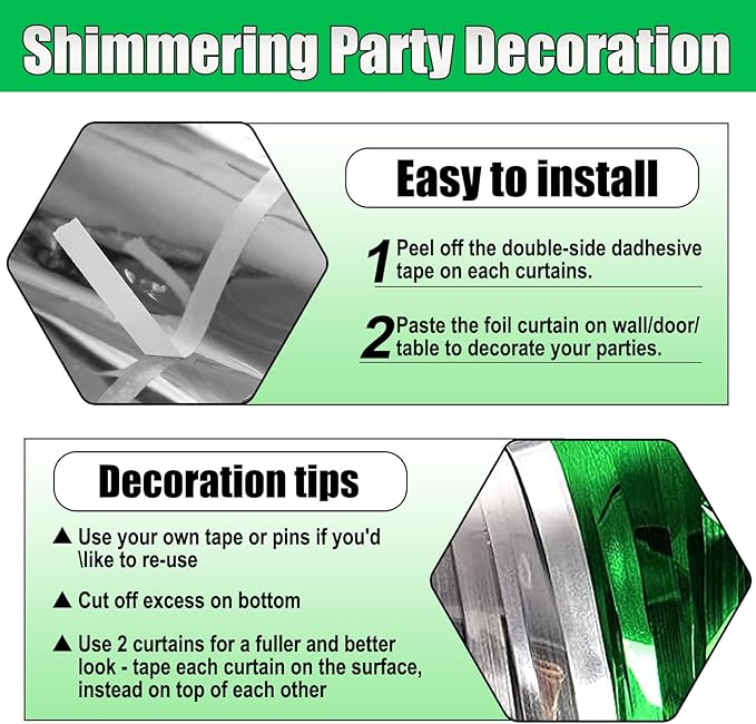3 Pack Silver Green Foil Fringe Curtain Backdrop, 3.28Ft x 6.6Ft Metallic Tinsel Foil Fringe Streamer Curtains for Photo Booth, Christmas Day, Thanksgiving, Wedding, New Year Party Decorations