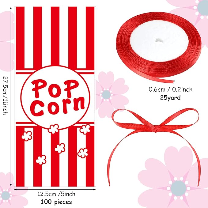 Outus 100 Pcs Popcorn Bags for Party Popcorn Treat Bags Red and White Stripe Carnival Candy Containers with a Roll of Red Ribbon for Circus Carnival Party Birthday Favor