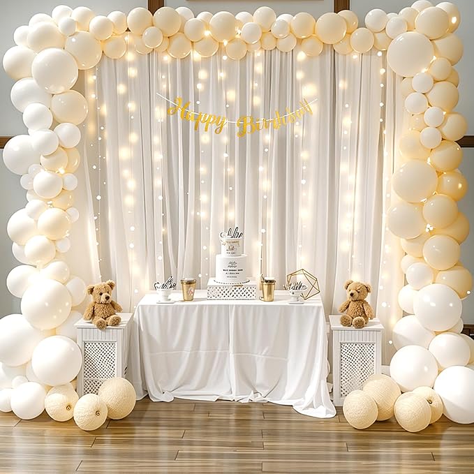 10ft x 10ft Ivory Chiffon Backdrop Curtain with Lights String for Parties,2 Panels Sheer Tulle Curtain Wedding Photo Backdrop with Lights for Baby Shower Birthday Party Ceremony Home Decorations