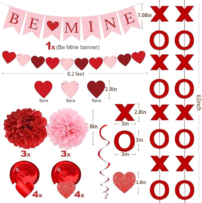 Upgraded Valentines Day Decorations Set Pre-Assembled Hanging Heart Swirls,BE Mine Banner,Heart XO Garlands Banner for Valentines Wedding Engagement Anniversary Party