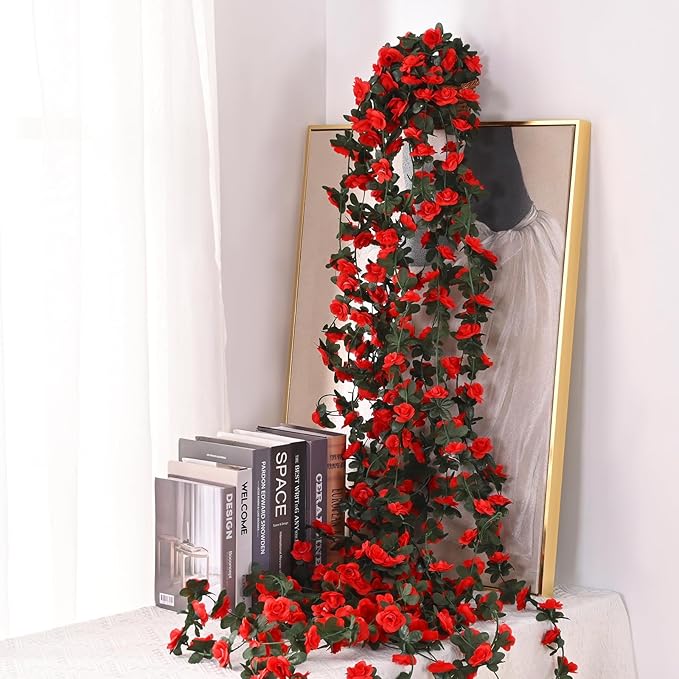 BLEUM CADE 2Pcs 16.4Ft Flower Garland Artificial Rose Vines for Bedroom, Cute Fake Hanging Flower Vines Floral Garland Decorations for Wedding Party Wall Room Decor Aesthetic