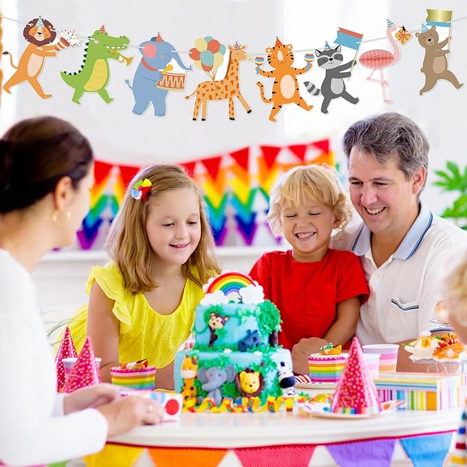 Hooqict Party Animal Banner Animal Birthday Party Decorations Happy Birthday Garland Banner for Kids Girls Boys Zoo Carnival Decorations Supplies