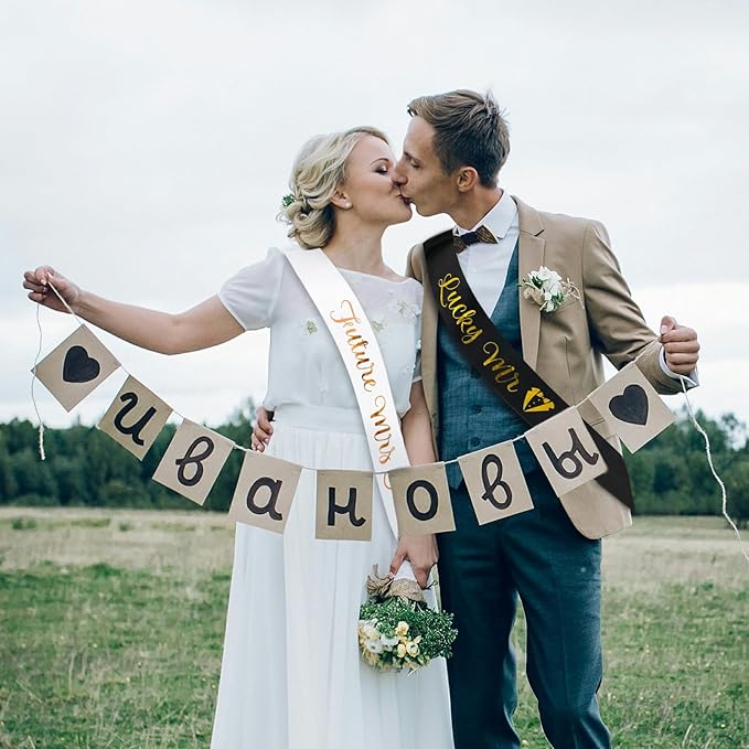 Future Mrs & Lucky Mr - Bride to Be & Groom to Be Sash Kit, Gold Glitter Bachelorette & Bachelor Sash for Wedding Bridal Shower Party Decorations Engagement Gifts (White and Black)