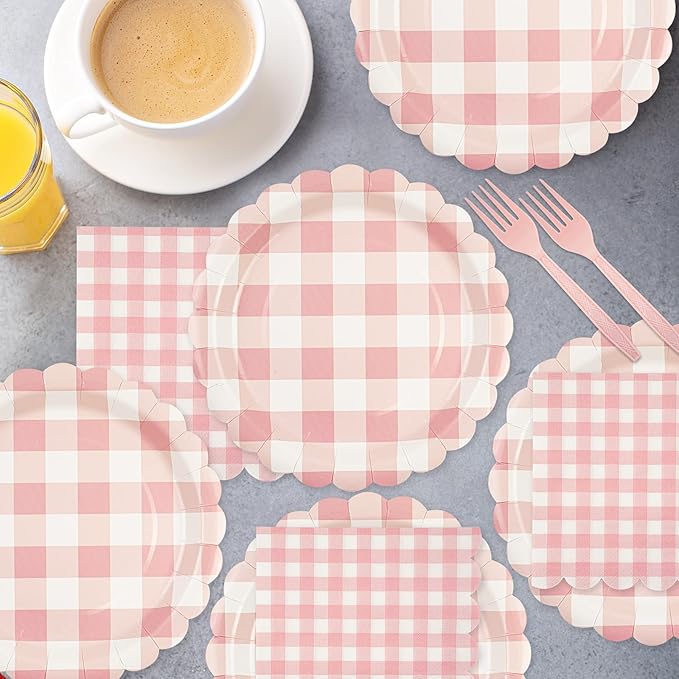 75Pcs Light Pink Gingham Party Supplies - 7Inch Scalloped Paper Plates and Napkins Checkered Plates Disposable Pink and White Plaid Party Decor for Baby Shower Wedding,Serves 25