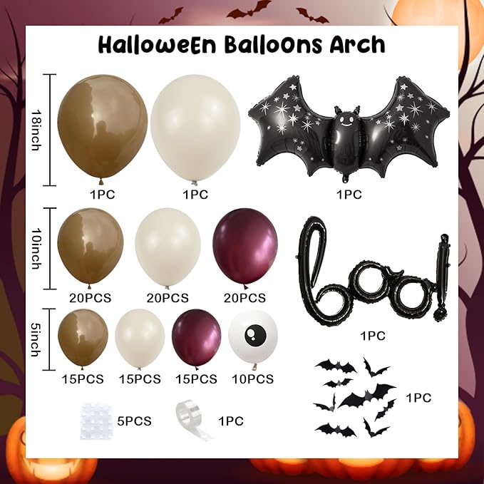 Halloween Balloon Garland Arch Kit, Scary Halloween Decorations 3D Bat Boo Foil Balloons Spooky Red Dark Brown Eyeball Latex Balloons for Indoor Outdoor Fall Bloody Horror Birthday Party Decorations