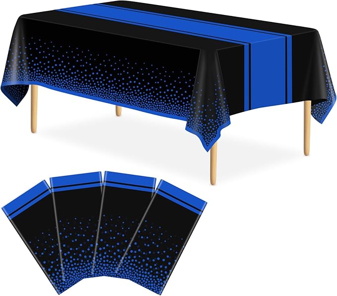 4 Pack Black and Blue Tablecloth Party Decorations Plastic Black Tablecloth Printed Blue Table Runner 54 x108 Inch Disposable Rectangle Table Cover for Birthday Wedding Graduation Anniversary