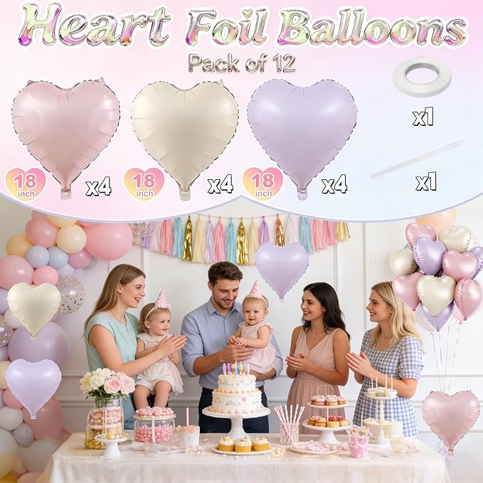 Pink Purple Heart Balloons, 12 Pcs Light Pink Lavender Cream Heart Shape Foil Balloon, 18 Inch Pastel Lila Beige Helium Balloon for Baby Shower Girl Women Birthday Wedding Bridal Valentine Party Decor