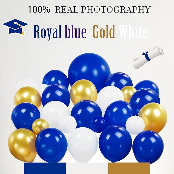 120PCS Graduation Balloon Garland Arch Kit with Graduation Cap Certificate Letter Star Mylar Foil Balloons for Class of 2026 Grad Prom Decorations Supplies (Blue Gold White)