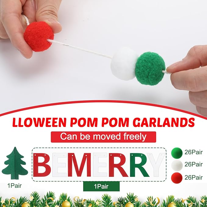 Breling 3 Pieces Christmas Felt Ball Garland 10ft Christmas Pompom Decorations Happy Holidays Banner Mantle Fireplace Room Xmas Party Hanging Decor (Red, Green, White)