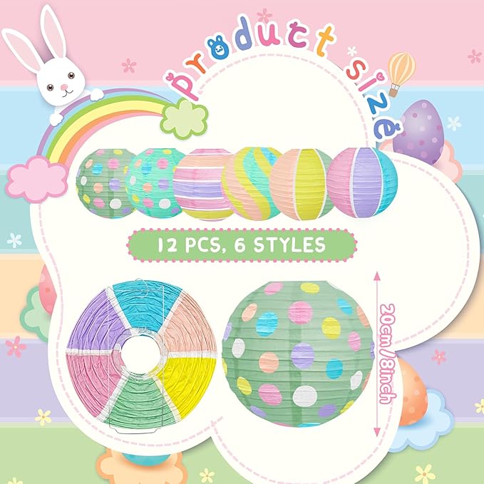 ADLKGG Pastel Paper Lanterns for Easter Party Decorations, 12pcs Macaron Colored Hanging Paper Lanterns for Classroom Baby Shower Wedding Birthday Party, Easy to Assemble Indoor Outdoor Yard Decor